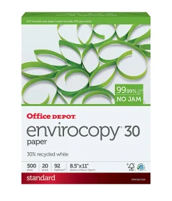 Office Depot® EnviroCopy® Copy Paper, 1 Ream, White, Letter (8.5" x 11"), 500 Sheets Per Ream, 20 Lb, 92 Brightness, 30% Recycled, 651201CPRM