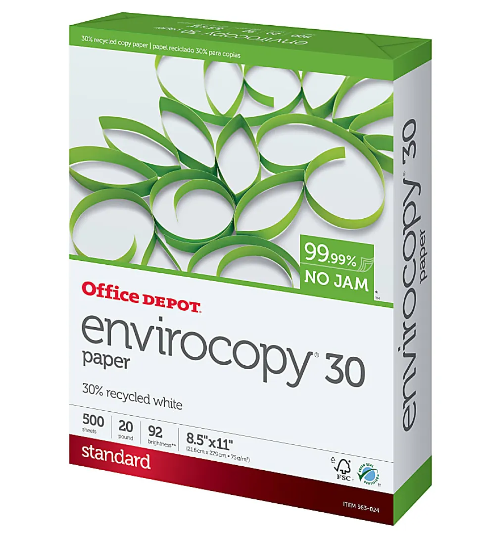 Office Depot® EnviroCopy® Copy Paper, 1 Ream, White, Letter (8.5" x 11"), 500 Sheets Per Ream, 20 Lb, 92 Brightness, 30% Recycled, 651201CPRM