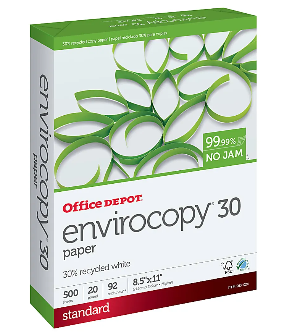 Office Depot® EnviroCopy® Copy Paper, 1 Ream, White, Letter (8.5" x 11"), 500 Sheets Per Ream, 20 Lb, 92 Brightness, 30% Recycled, 651201CPRM