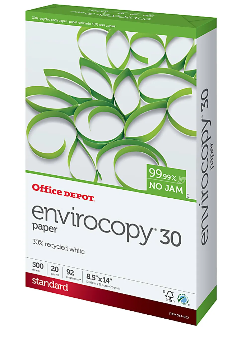 Office Depot® EnviroCopy® Copy Paper, 1 Ream, White, Legal (8.5" x 14"), 500 Sheets Per Ream, 20 Lb, 92 Brightness, 30% Recycled, 654001RM