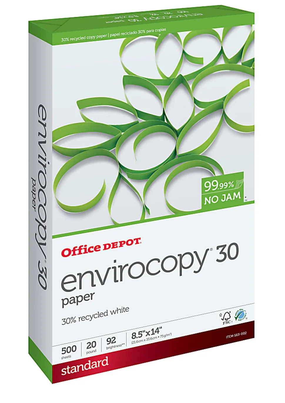 Office Depot® EnviroCopy® Copy Paper, 1 Ream, White, Legal (8.5" x 14"), 500 Sheets Per Ream, 20 Lb, 92 Brightness, 30% Recycled, 654001RM