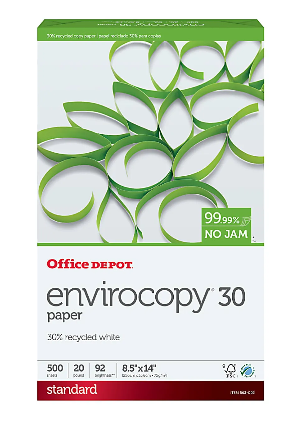 Office Depot® EnviroCopy® Copy Paper, 1 Ream, White, Legal (8.5" x 14"), 500 Sheets Per Ream, 20 Lb, 92 Brightness, 30% Recycled, 654001RM