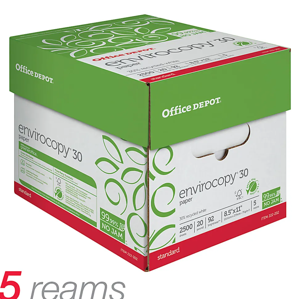 Office Depot® EnviroCopy® Copy Paper, 5 Reams, White, Letter (8.5" x 11"), 2500 Sheets Per Case, 20 Lb, 30% Recycled, FSC® Certified