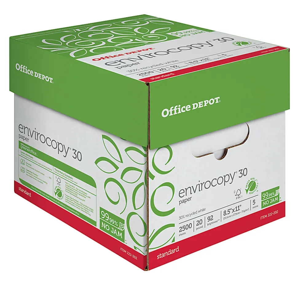 Office Depot® EnviroCopy® Copy Paper, 5 Reams, White, Letter (8.5" x 11"), 2500 Sheets Per Case, 20 Lb, 30% Recycled, FSC® Certified