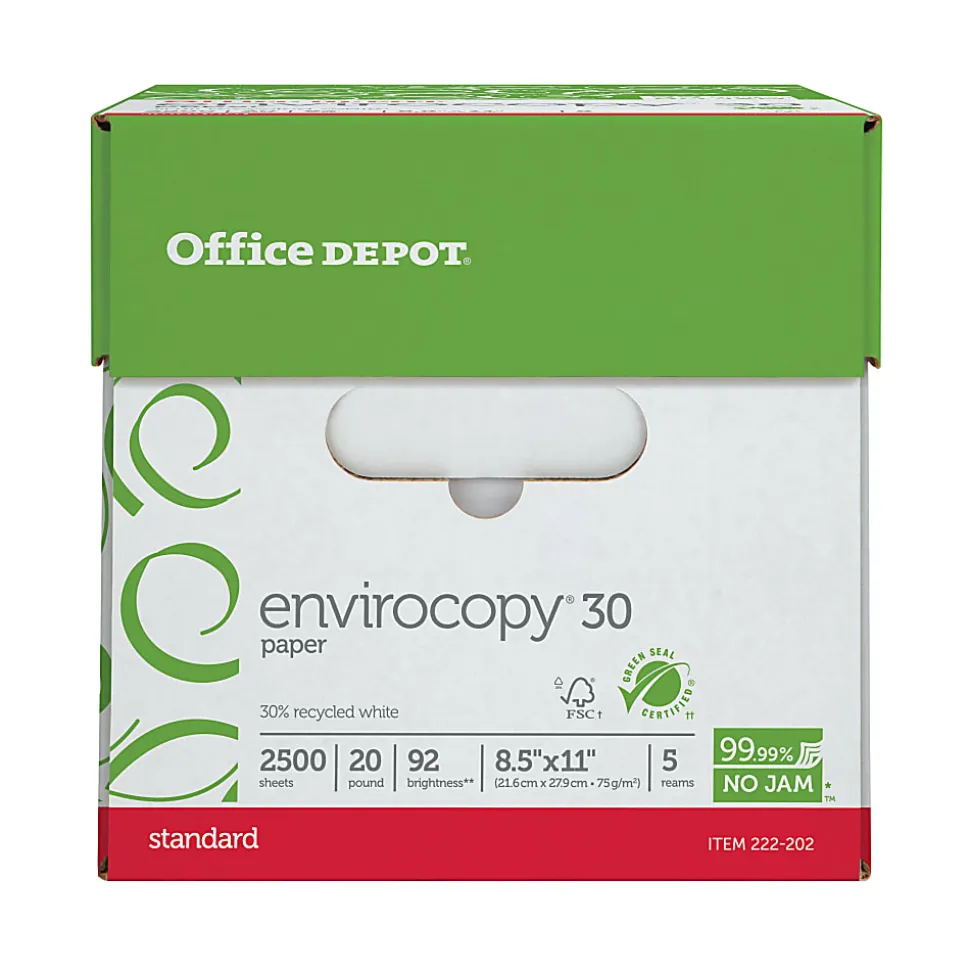 Office Depot® EnviroCopy® Copy Paper, 5 Reams, White, Letter (8.5" x 11"), 2500 Sheets Per Case, 20 Lb, 30% Recycled, FSC® Certified