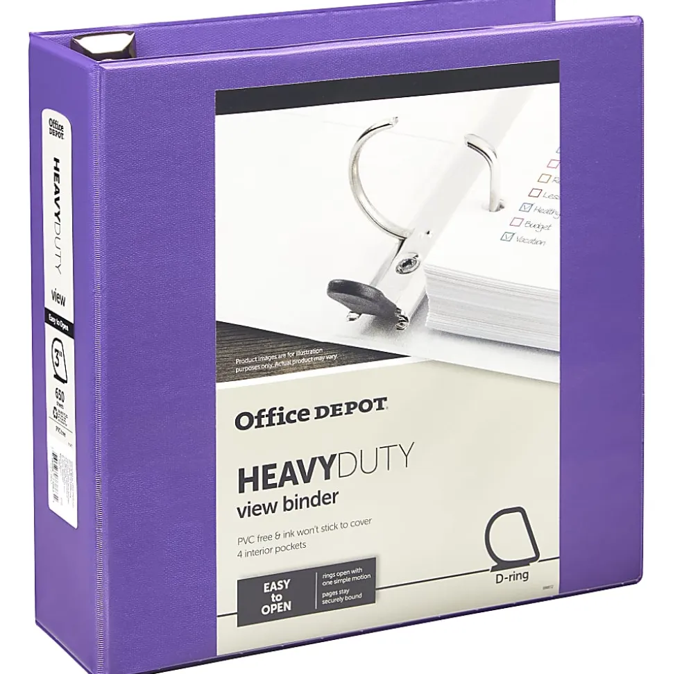 Office Depot® Heavy-Duty View 3-Ring Binder, 3" D-Rings, Purple