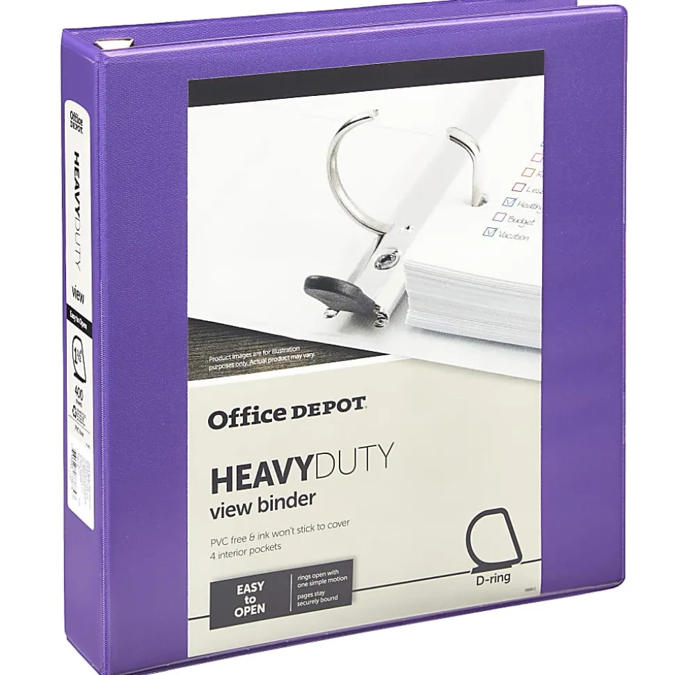Office Depot® Heavy-Duty View 3-Ring Binder, 1 1/2" D-Rings, 49% Recycled, Purple