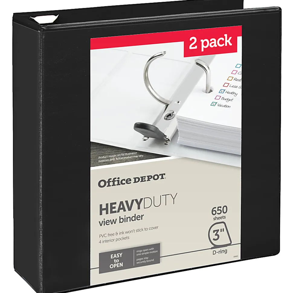 Office Depot® Heavy-Duty View 3-Ring Binder, 3" D-Rings, Black, 49% Recycled, Pack Of 2
