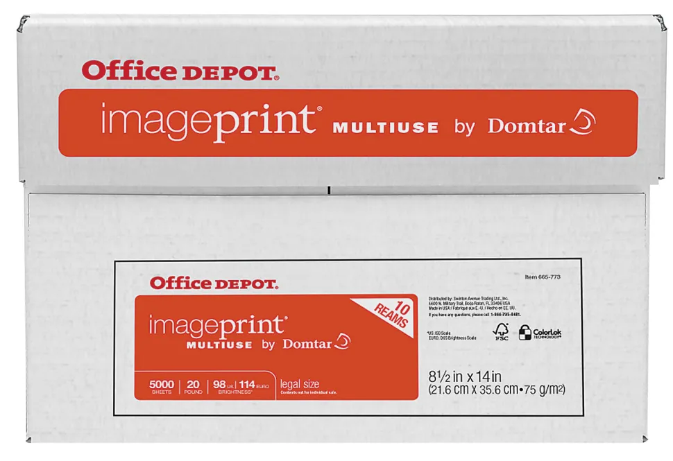 Office Depot® ImagePrint® Multi-Use Printer & Copy Paper, 10 Reams, White, Legal, 5000 Sheets Per Case, 20 Lb, 98 Brightness - 1836