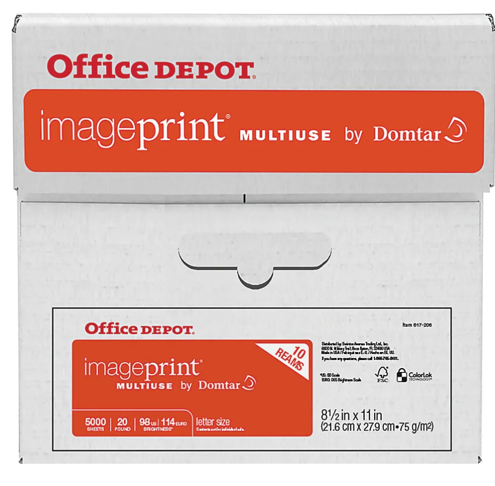 Office Depot® ImagePrint® Multi-Use Printer & Copy Paper, 10 Reams, White, Letter Size, 5000 Sheets Per Case, 20 Lb, 98 Brightness - 1821