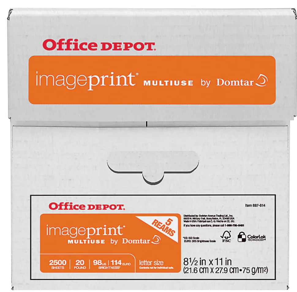 Office Depot® ImagePrint® Multi-Use Printer & Copy Paper, 5 Reams, White, Letter Size, 2500 Sheets Per Case, 20 Lb, 98 Brightness - 1914