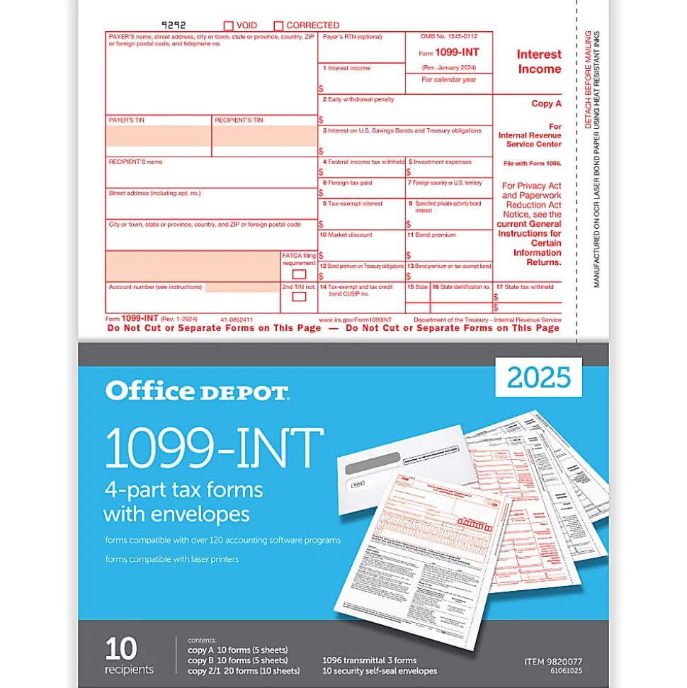 Office Depot® 1099-INT Laser Tax Forms With Envelopes, 4-Part, 2-Up, 8-1/2" x 11", Pack Of 10 Form Sets