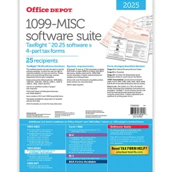 Office Depot® 1099-MISC Laser Tax Forms With Software, 4-Part, 2-Up, 8-1/2" x 11", Pack Of 25 Form Sets