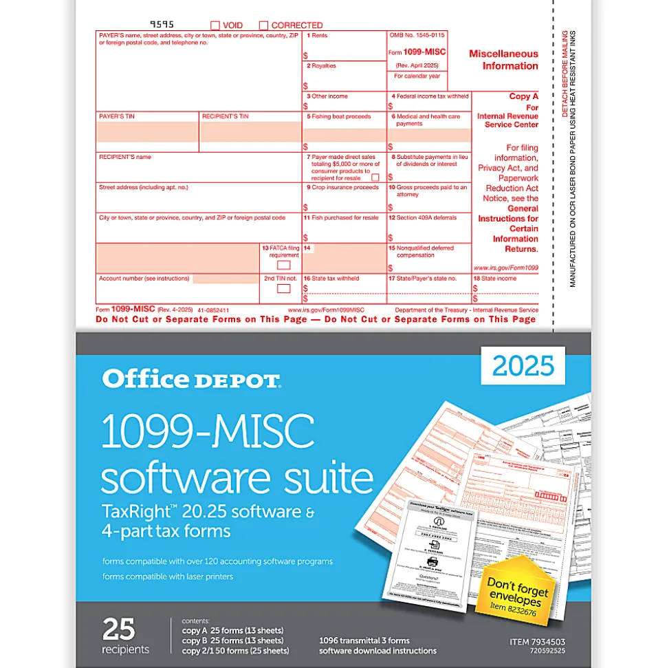 Office Depot® 1099-MISC Laser Tax Forms With Software, 4-Part, 2-Up, 8-1/2" x 11", Pack Of 25 Form Sets