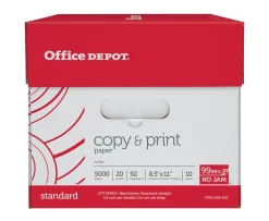 Office DepotĀ® Multi-Use Printer & Copy Paper, 10 Reams, White, Letter (8.5" x 11"), 5000 Sheets Per Case, 20 Lb, 92 Brightness