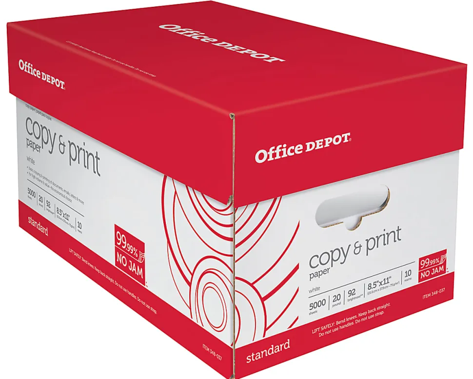Office Depot® Multi-Use Printer & Copy Paper, 10 Reams, White, Letter (8.5" x 11"), 5000 Sheets Per Case, 20 Lb, 92 Brightness