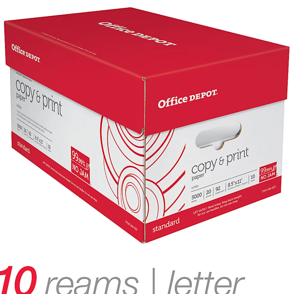 Office Depot® Multi-Use Printer & Copy Paper, 10 Reams, White, Letter (8.5" x 11"), 5000 Sheets Per Case, 20 Lb, 92 Brightness