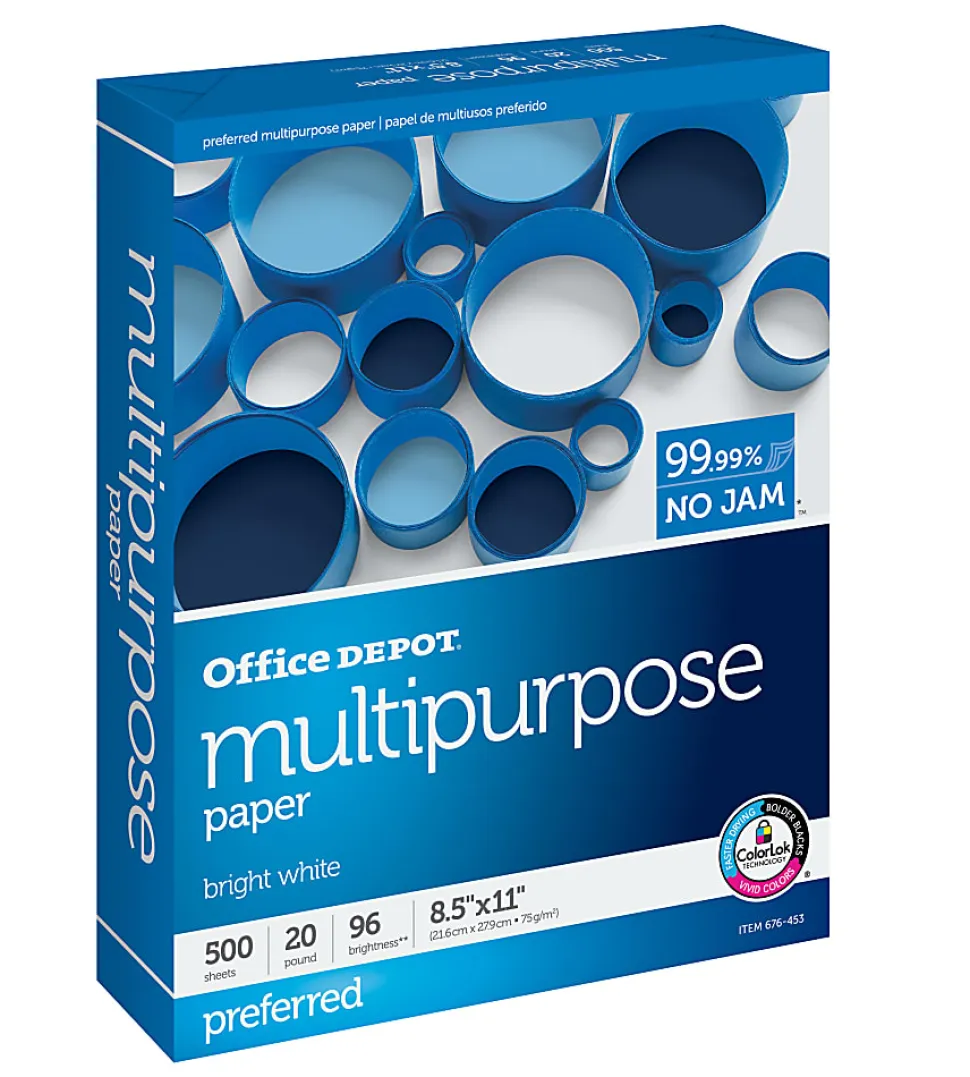 Office Depot® Multi-Use Printer & Copy Paper, 1 Ream, White, Letter (8.5" x 11"), 500 Sheets Per Ream, 20 Lb, 96 Brightness, 951001ODRM