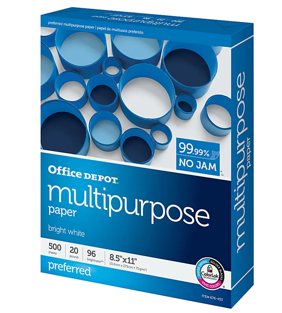 Office Depot® Multi-Use Printer & Copy Paper, 1 Ream, White, Letter (8.5" x 11"), 500 Sheets Per Ream, 20 Lb, 96 Brightness, 951001ODRM