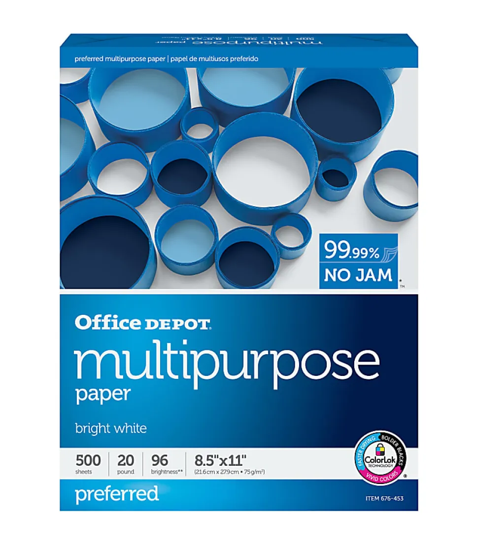 Office Depot® Multi-Use Printer & Copy Paper, 1 Ream, White, Letter (8.5" x 11"), 500 Sheets Per Ream, 20 Lb, 96 Brightness, 951001ODRM