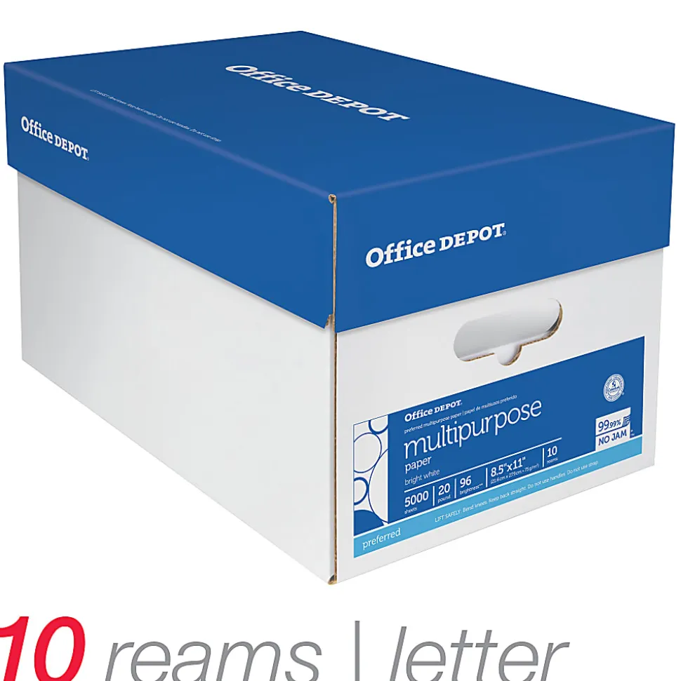 Office Depot® Multi-Use Printer & Copy Paper, 10 Reams, White, Letter (8.5" x 11"), 5000 Sheets Per Case, 20 Lb, 96 Brightness