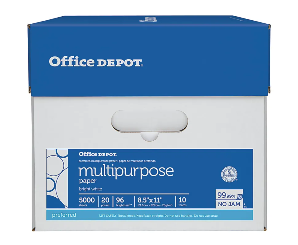 Office Depot® Multi-Use Printer & Copy Paper, 10 Reams, White, Letter (8.5" x 11"), 5000 Sheets Per Case, 20 Lb, 96 Brightness