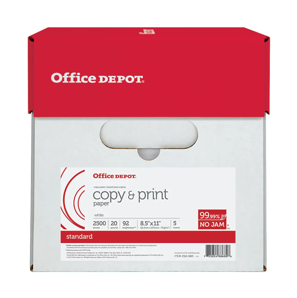 Office Depot® Multi-Use Printer & Copy Paper, 5 Reams, White, Letter (8.5" x 11"), 2500 Sheets Per Case, 20 Lb, 92 Brightness, 851201CS
