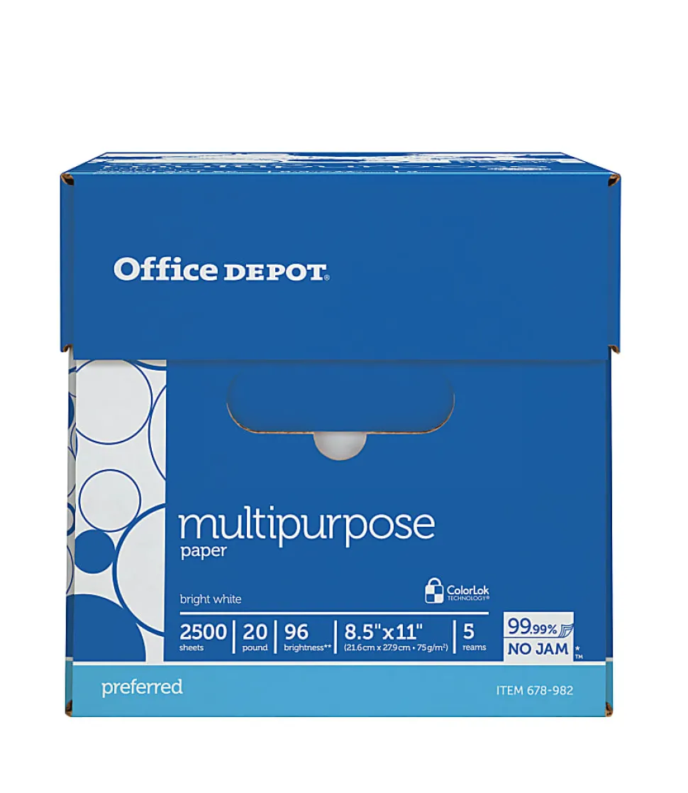 Office Depot® Multi-Use Printer & Copy Paper, 5 Reams, White, Letter (8.5" x 11"), 2500 Sheets Per Case, 20 Lb, 96 Brightness, 1805