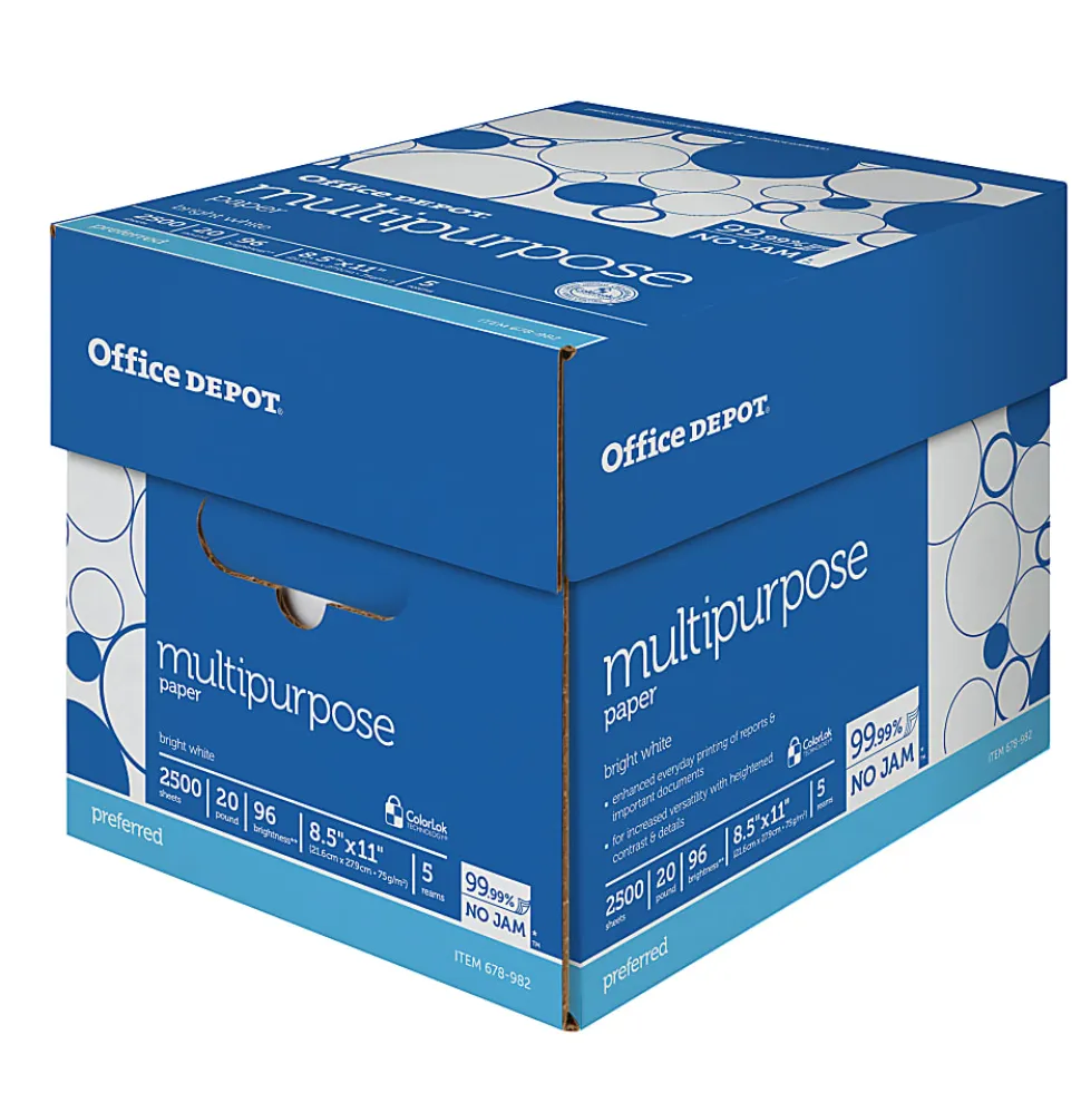 Office Depot® Multi-Use Printer & Copy Paper, 5 Reams, White, Letter (8.5" x 11"), 2500 Sheets Per Case, 20 Lb, 96 Brightness, 1805