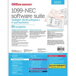 Office Depot® 1099-NEC Laser Tax Forms With Software, 4-Part, 3-Up, 8-1/2" x 11", Pack Of 50 Form Sets, NEC7205925