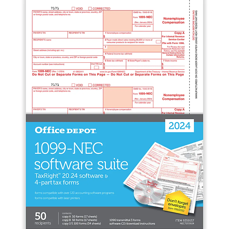 Office Depot® 1099-NEC Laser Tax Forms With Software, 4-Part, 3-Up, 8-1/2" x 11", Pack Of 50 Form Sets, NEC7205924