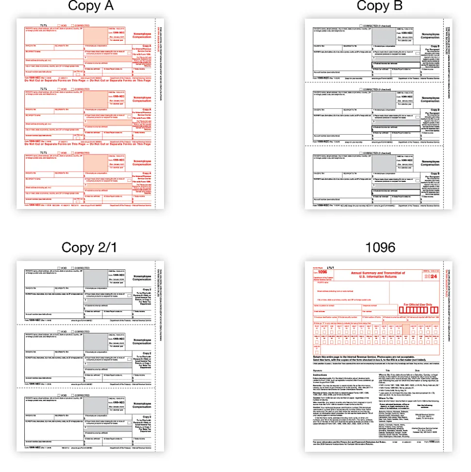 Office Depot® 1099-NEC Laser Tax Forms With Software, 4-Part, 3-Up, 8-1/2" x 11", Pack Of 50 Form Sets, NEC7205924