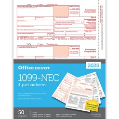 Office Depot® 1099-NEC Laser Tax Forms, 4-Part, 3-Up, 8-1/2" x 11", Pack Of 50 Form Sets