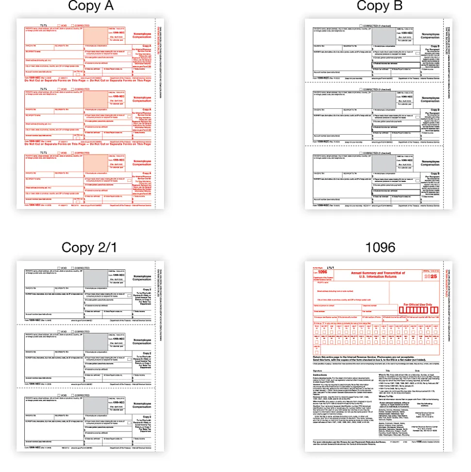 Office Depot® 1099-NEC Laser Tax Forms, 4-Part, 3-Up, 8-1/2" x 11", Pack Of 50 Form Sets