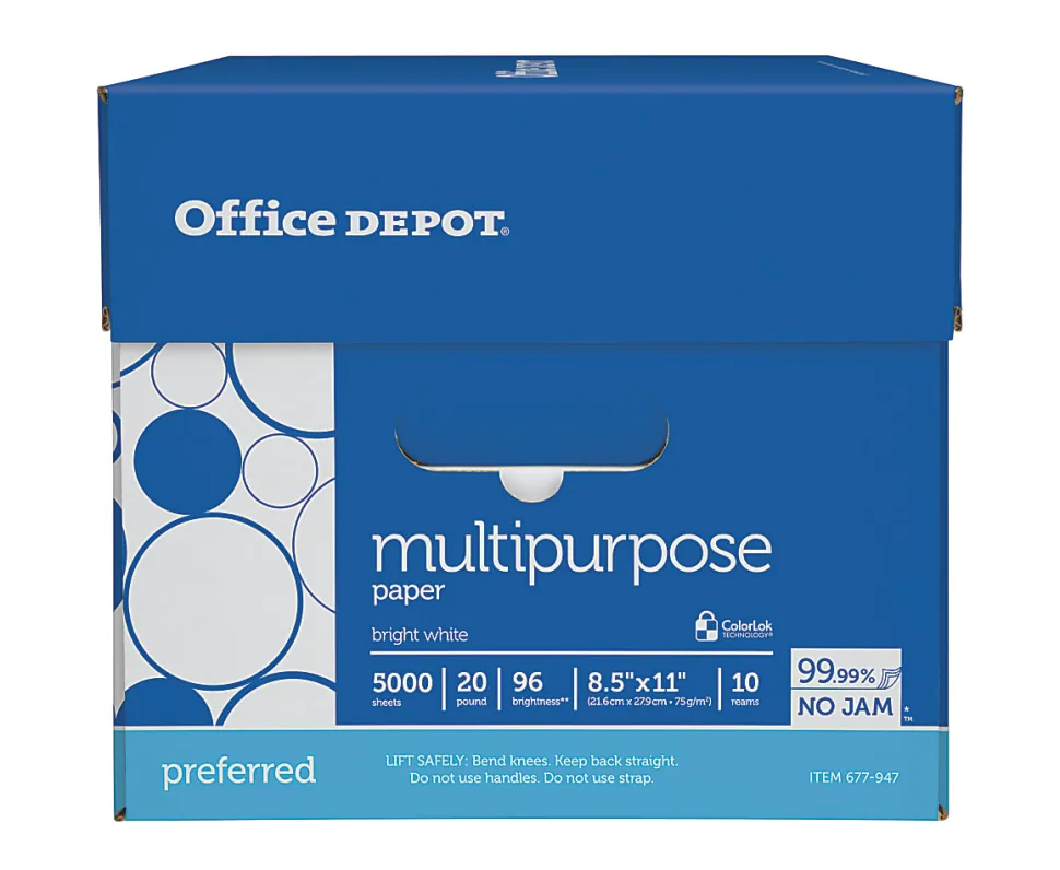 Office Depot® Premium Multi-Use Printer & Copy Paper, 10 Reams, Bright White, Letter (8.5" x 11"), 5000 Sheets Per Case, 20 Lb, 96 Brightness
