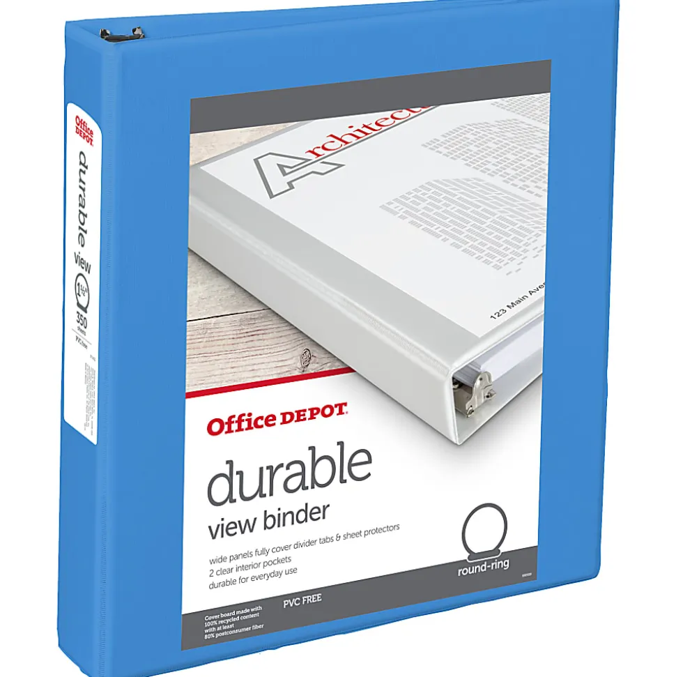 Office Depot® 3-Ring Durable View Binder, 1-1/2" Round Rings, 49% Recycled, Sky Blue