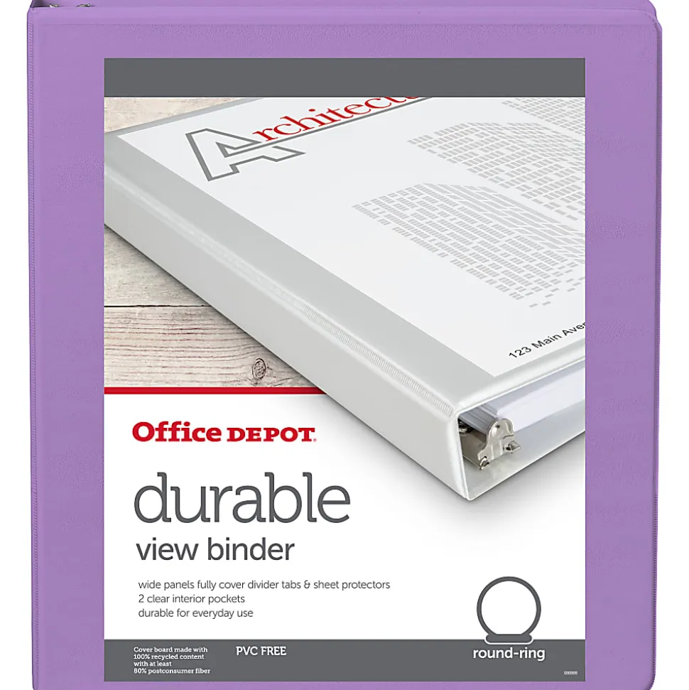 Office Depot® 3-Ring Durable View Binder, 1" Round Rings, 49% Recycled, Purple