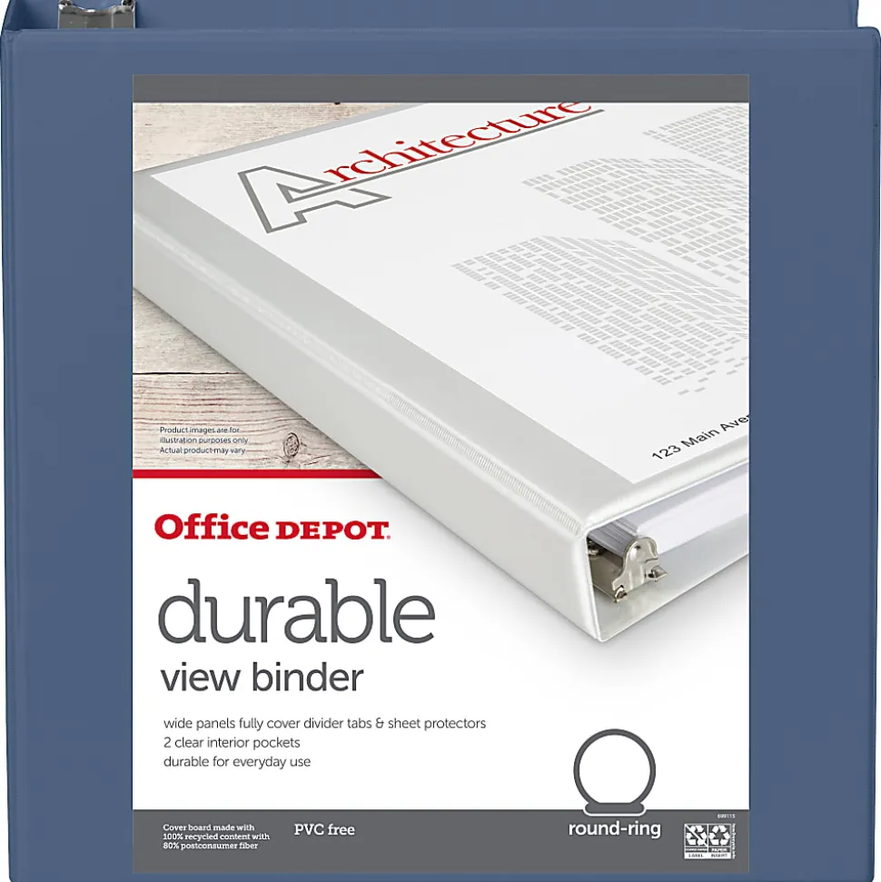 Office Depot® 3-Ring Durable View Binder, 2" Round Ring, Serene Blue