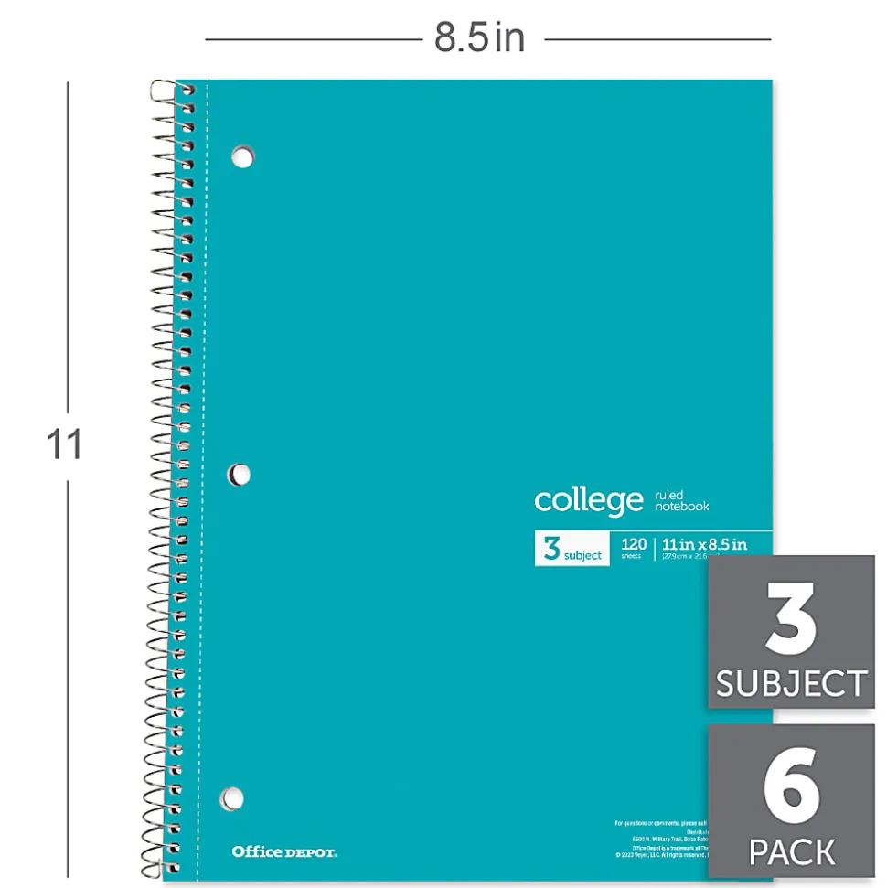 Office Depot® Wirebound Notebooks, 8-1/2" x 11", 3 Subjects, College Ruled, 120 Sheets, Assorted Colors, Pack Of 6 Notebooks