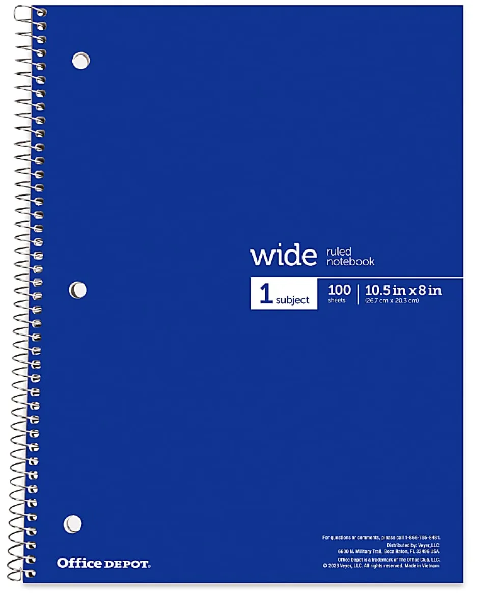 Office Depot® Wirebound Notebooks, 8" x 10-1/2", 1 Subject, Wide Ruled, 100 Sheets, Assorted Colors, Pack Of 6 Notebooks