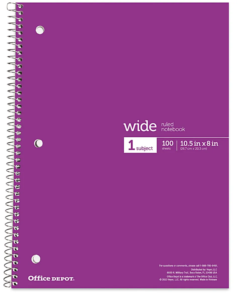 Office Depot® Wirebound Notebooks, 8" x 10-1/2", 1 Subject, Wide Ruled, 100 Sheets, Assorted Colors, Pack Of 6 Notebooks
