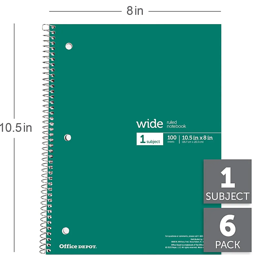 Office Depot® Wirebound Notebooks, 8" x 10-1/2", 1 Subject, Wide Ruled, 100 Sheets, Assorted Colors, Pack Of 6 Notebooks
