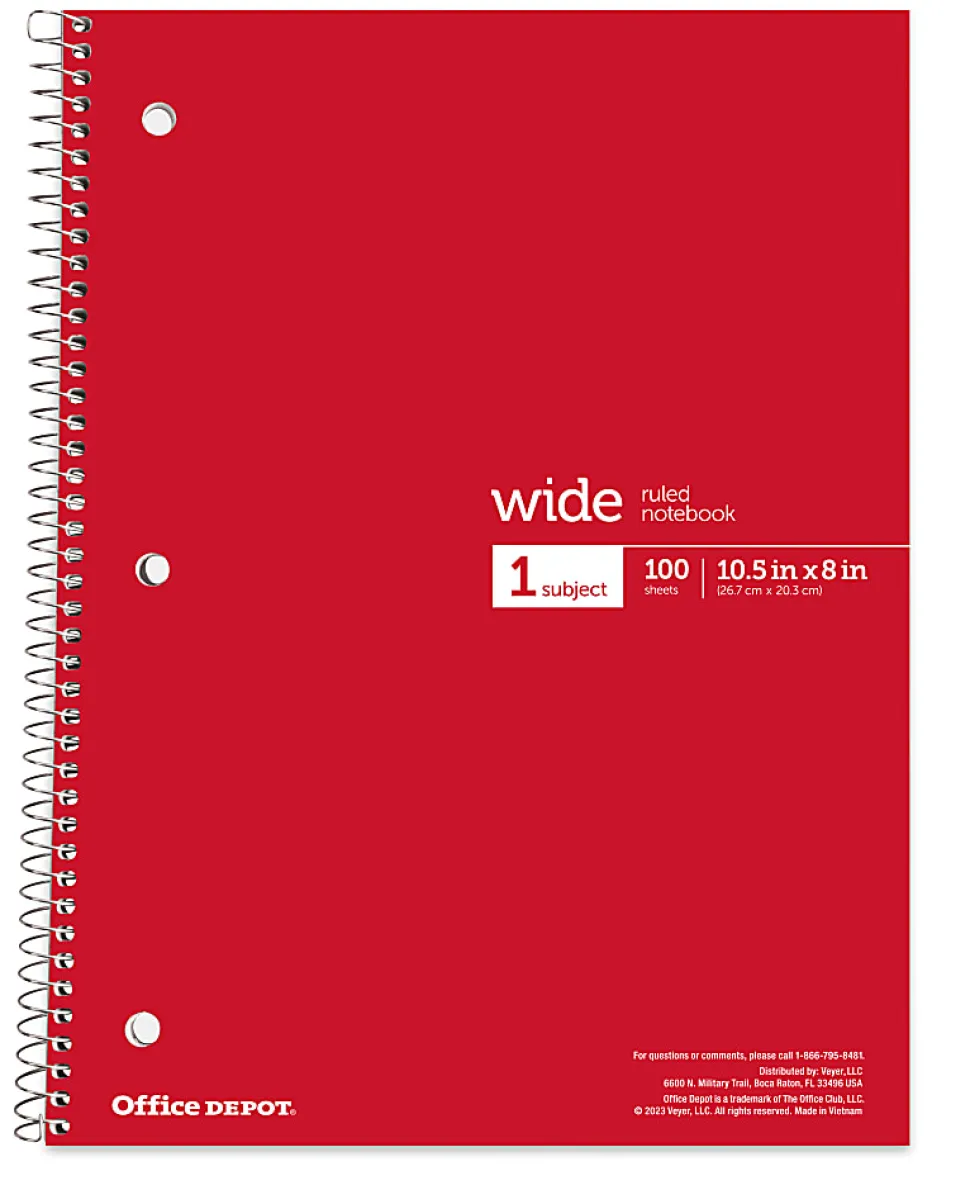 Office Depot® Wirebound Notebooks, 8" x 10-1/2", 1 Subject, Wide Ruled, 100 Sheets, Assorted Colors, Pack Of 6 Notebooks