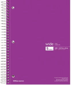 Office DepotĀ® Wirebound Notebooks, 8" x 10-1/2", 5 Subjects, Wide Ruled, 180 Sheets, Assorted Colors, Pack Of 6 Notebooks