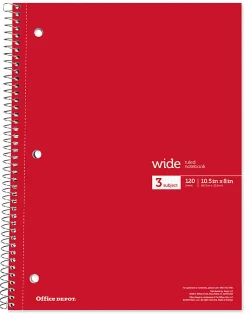 Office Depot® Wirebound Notebooks, 8" x 10-1/2", 3 Subjects, Wide Ruled, 120 Sheets, Assorted Colors, Pack Of 6 Notebooks