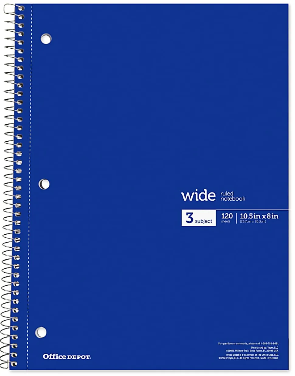 Office Depot® Wirebound Notebooks, 8" x 10-1/2", 3 Subjects, Wide Ruled, 120 Sheets, Assorted Colors, Pack Of 6 Notebooks