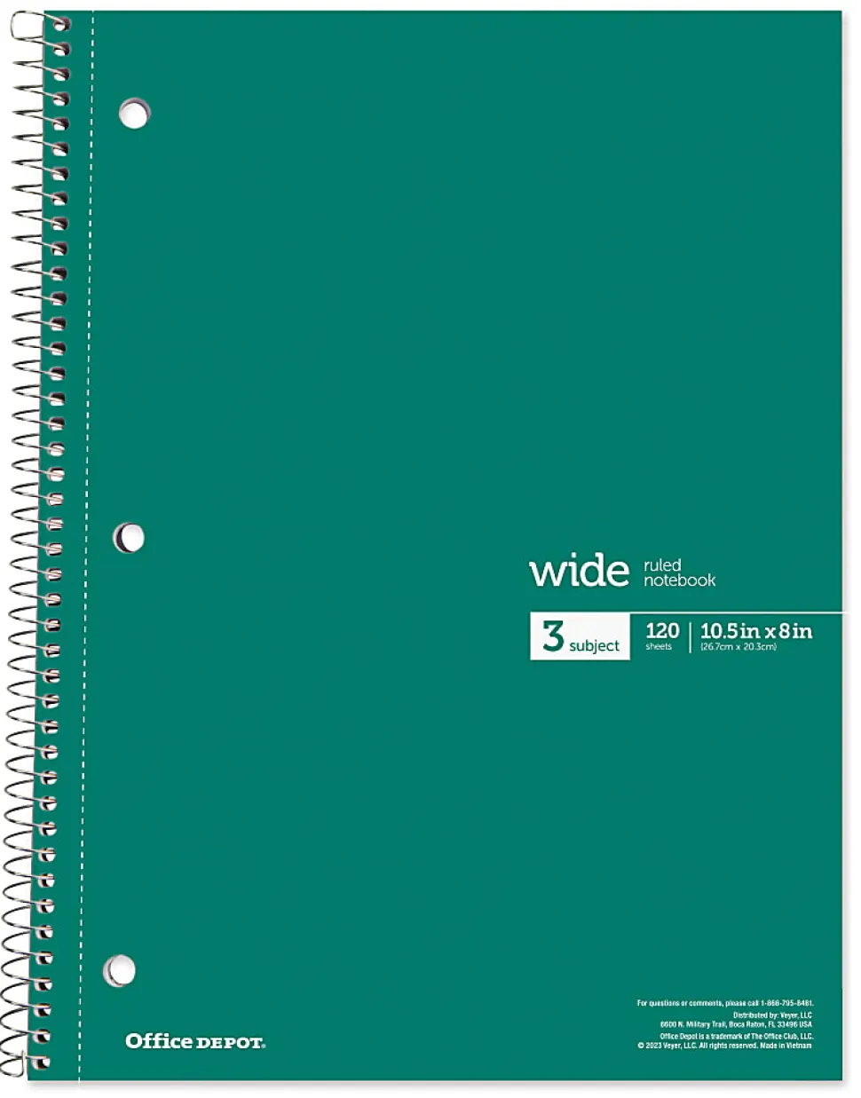 Office Depot® Wirebound Notebooks, 8" x 10-1/2", 3 Subjects, Wide Ruled, 120 Sheets, Assorted Colors, Pack Of 6 Notebooks