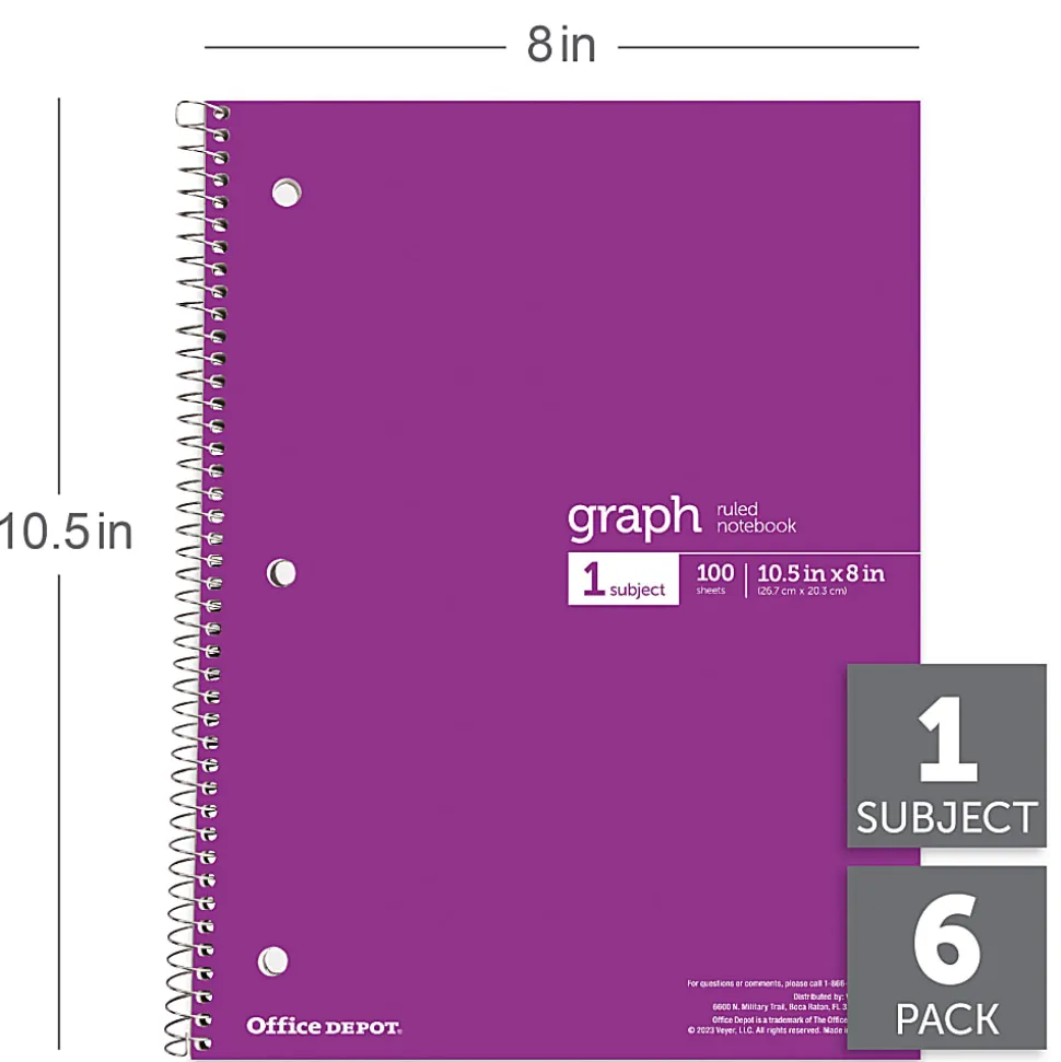 Office Depot® Wirebound Notebooks, 8" x 10-1/2", 1 Subject, Quad Ruled, 100 Sheets, Assorted Colors, Pack Of 6 Notebooks