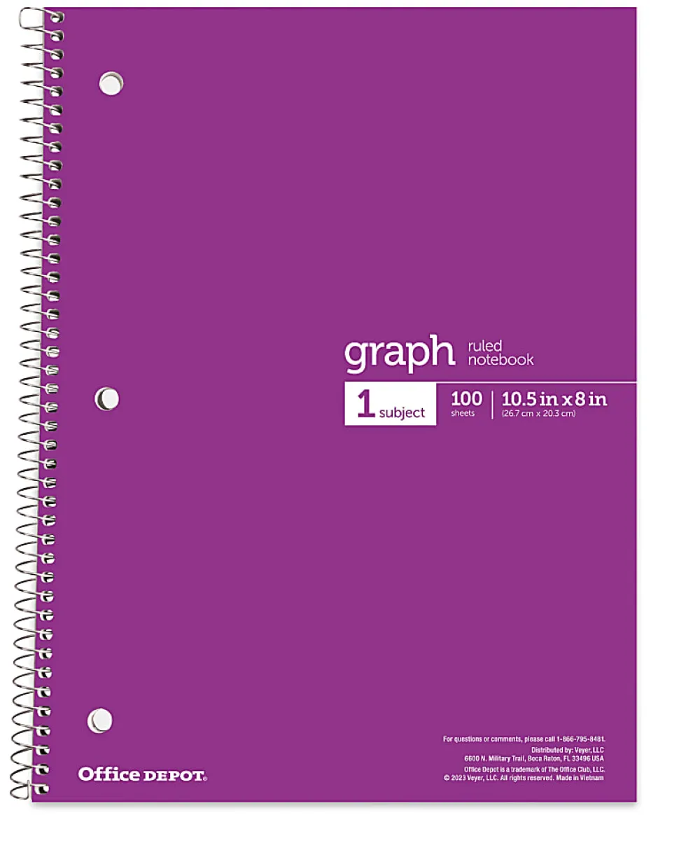 Office Depot® Wirebound Notebooks, 8" x 10-1/2", 1 Subject, Quad Ruled, 100 Sheets, Assorted Colors, Pack Of 6 Notebooks