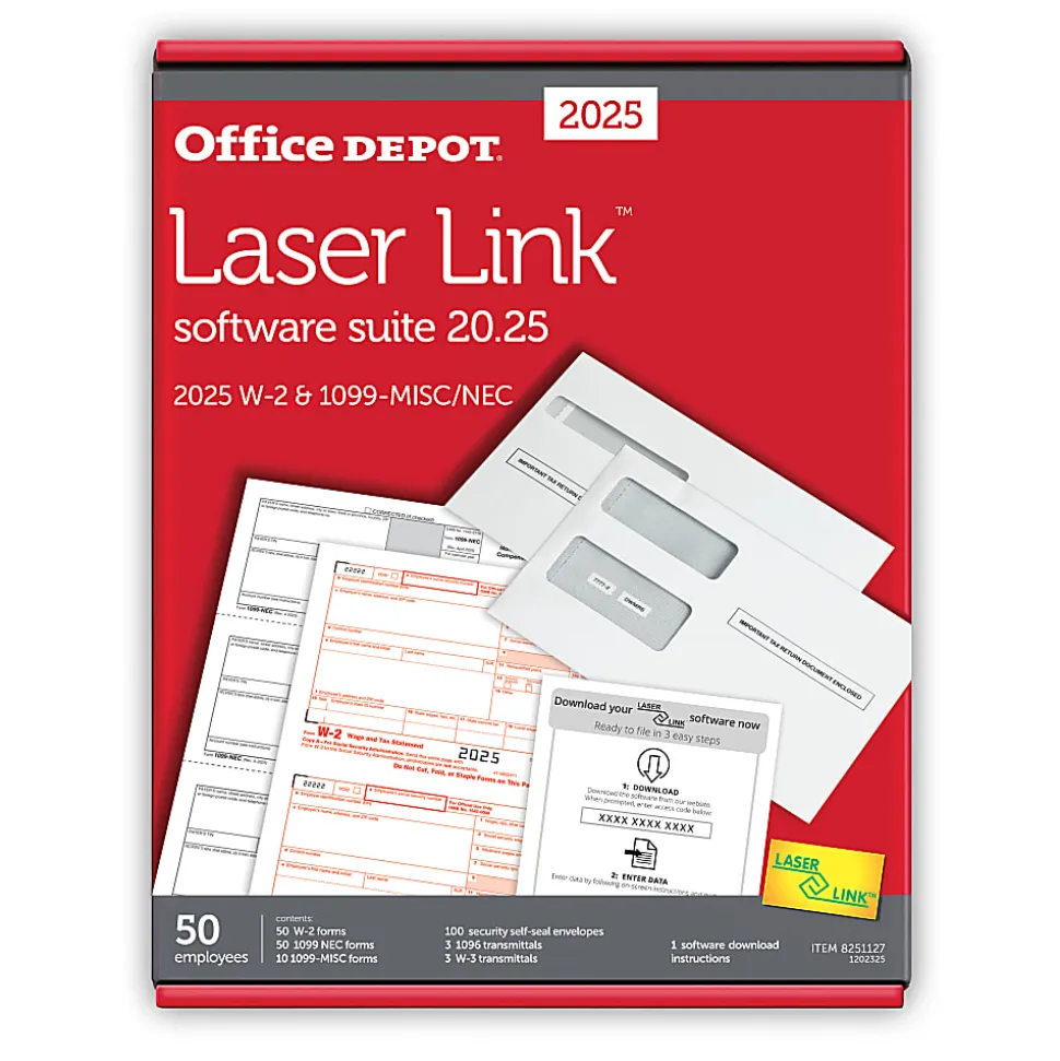 Office Depot® W-2/1099 Laser Form Sets With Envelopes And Software, 6-Part/4-Part, 8-1/2" x 11", Pack Of 50 Form Sets, 1202325